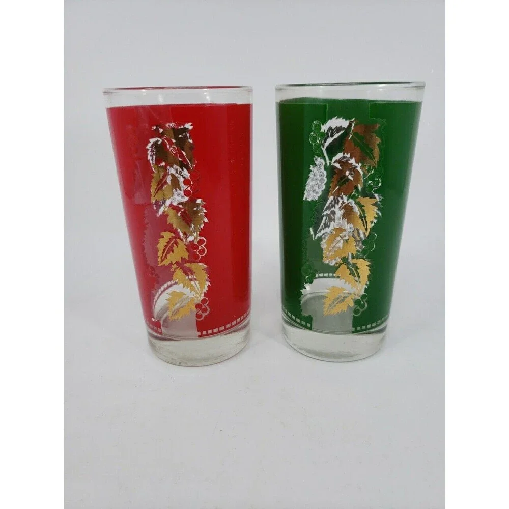 Vintage Libbey Grape Leaf Design Glasses Red Green Gold Christmas 12 oz MCM USA